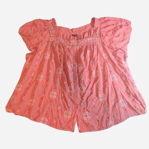 Torrid pink peasant blouse with embroidered floral pattern, size 6XL
